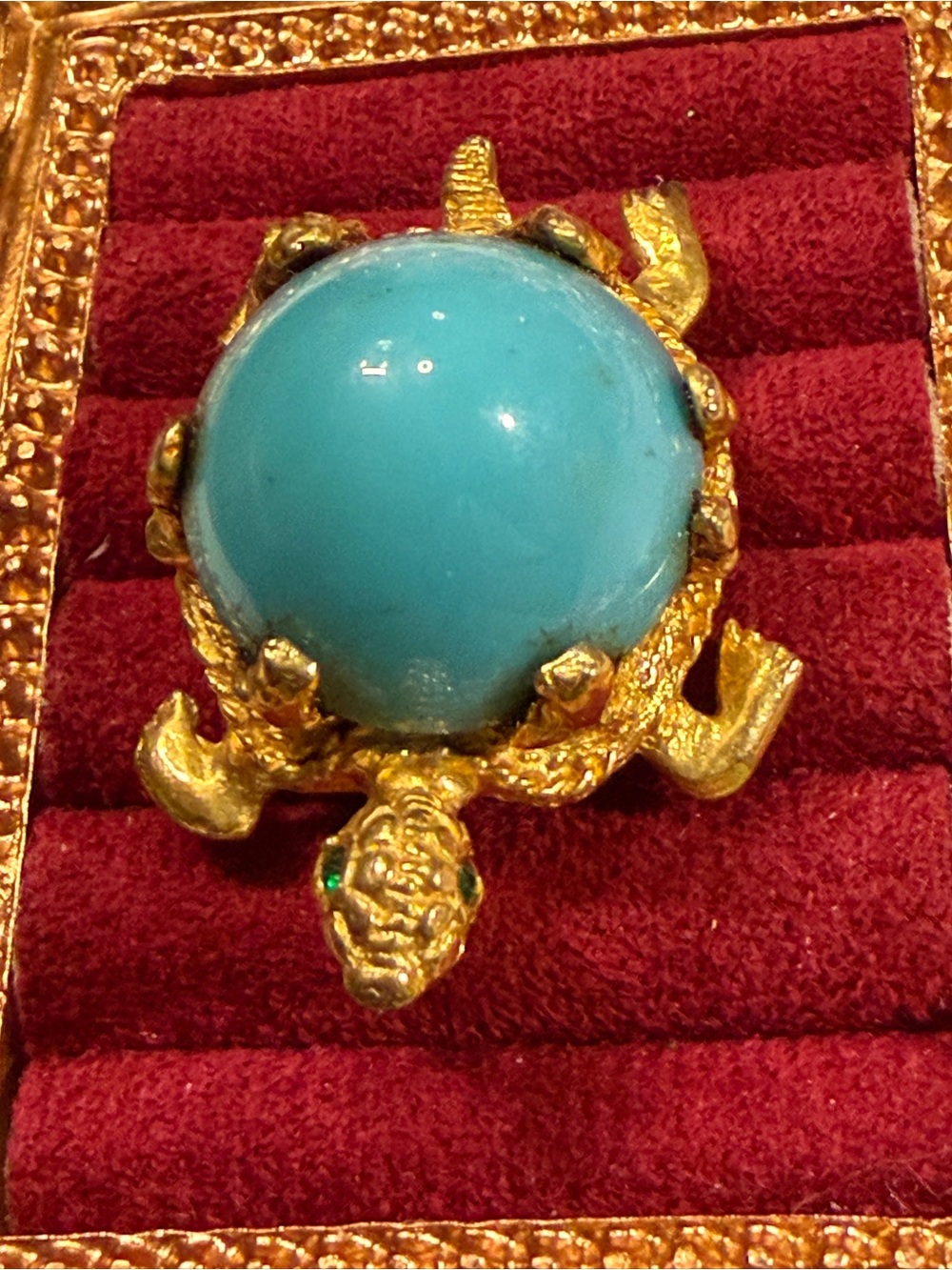 Vintage Pauline Rader Gold Turtle Brooch Turquoise Cabochon Emerald Green Eyes